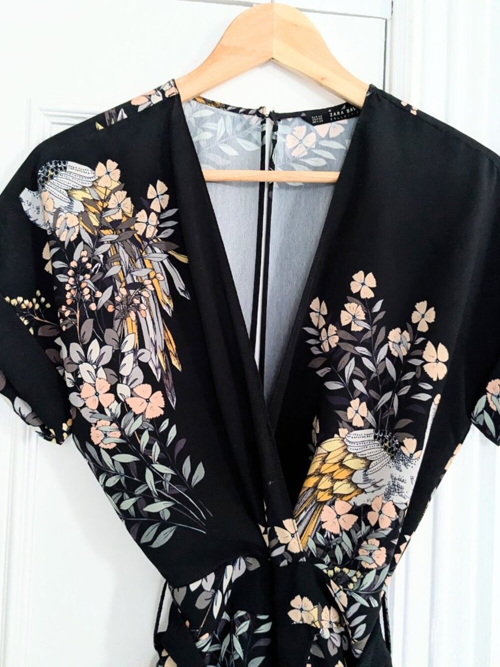 ZARA XS Belted Black Jumpsuit w/ Asian Floral & Birds Print